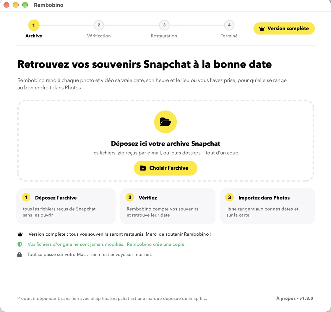 Écran d'accueil de Rembobino : zone de dépôt « Déposez ici votre archive Snapchat » et les trois étapes du parcours.