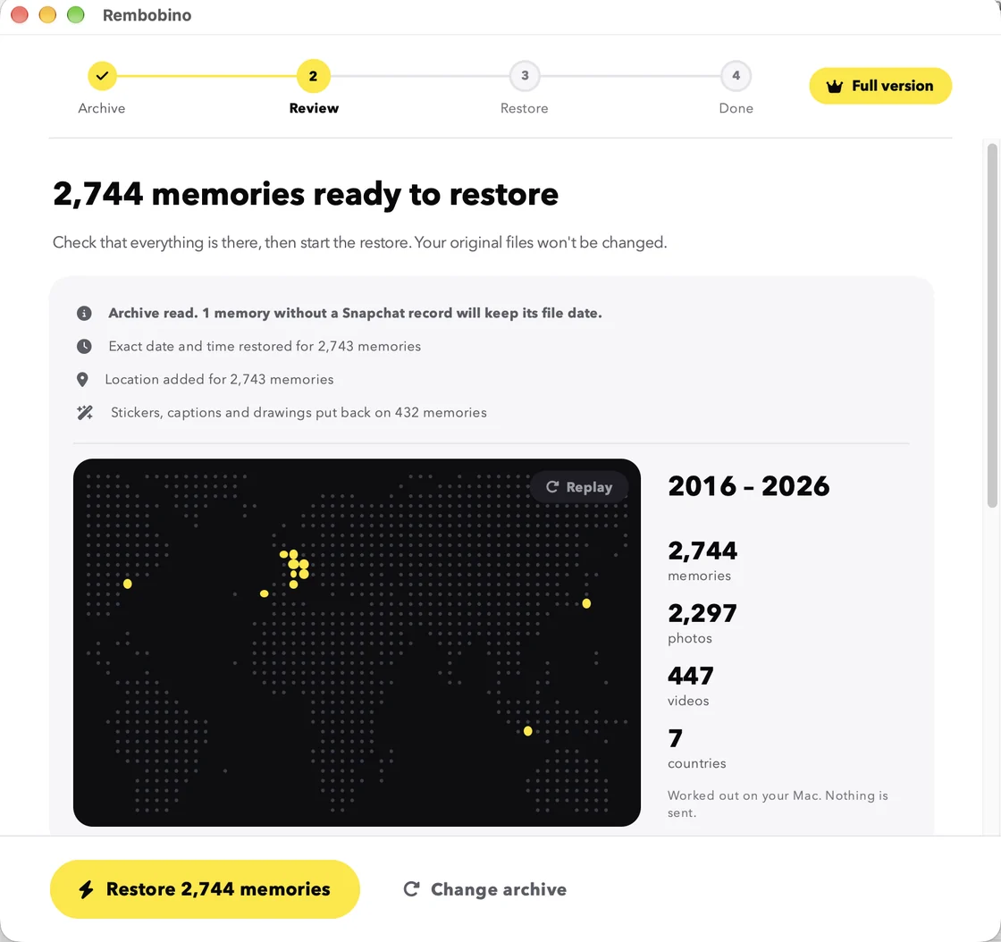Review screen: a world map where 2,744 memories from 2016 to 2026 appear, 2,297 photos, 447 videos, 7 countries, with dates, places and stickers restored.